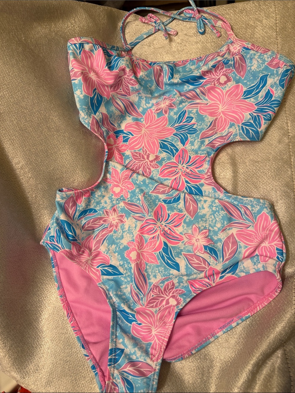 Girls Floral Cutout One-Piece Swimsuit - Pink & Blue